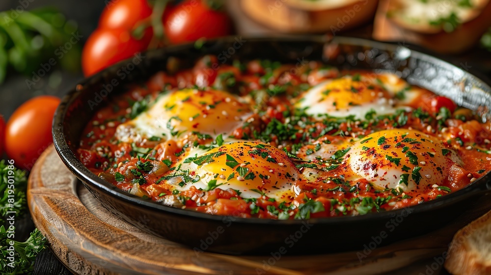 A plate of shakshuka with poached eggs in a spicy tomato sauce..illustration graphic A plate of shakshuka with poached eggs in a spicy tomato sauce..illustration graphic