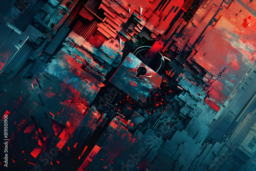 A dynamic digital illustration featuring a shattering padlock amidst vibrant red and blue abstract cityscape.