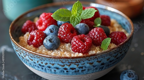 A bowl of quinoa breakfast porridge with almond milk and berries..stock image