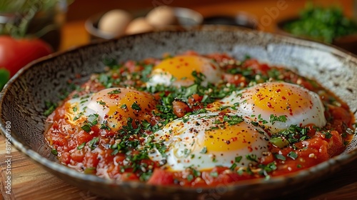 A plate of shakshuka with poached eggs in a spicy tomato sauce..stock image