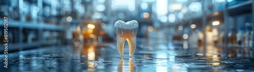 Close-up of a single tooth model standing on a wet  reflective surface in a brightly lit laboratory environment.