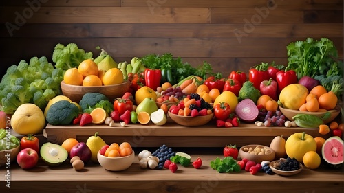 A wooden table covered in a vibrant assortment of fruits and vegetables that highlights regional elements for healthful meals and complete foods
