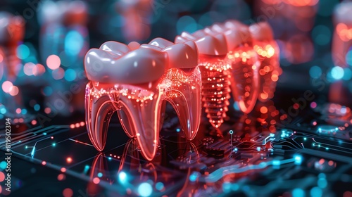 High-tech digital teeth and gum hologram concept representing futuristic dental technology and innovation in oral health care.