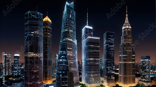 Glossy and artistic neon light effect urban landscapes of modern towering cities and Skyscrapers or Artistic textures and futuristic townscapes ai generative #819502793