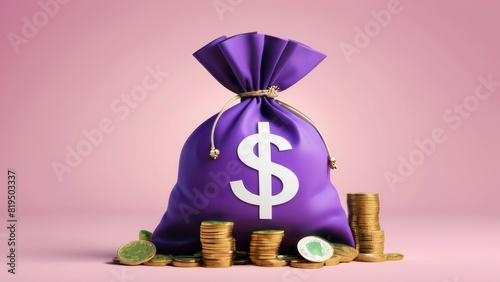 Money concept. money bag, coins stack and banknotes. 3d isometric design photo