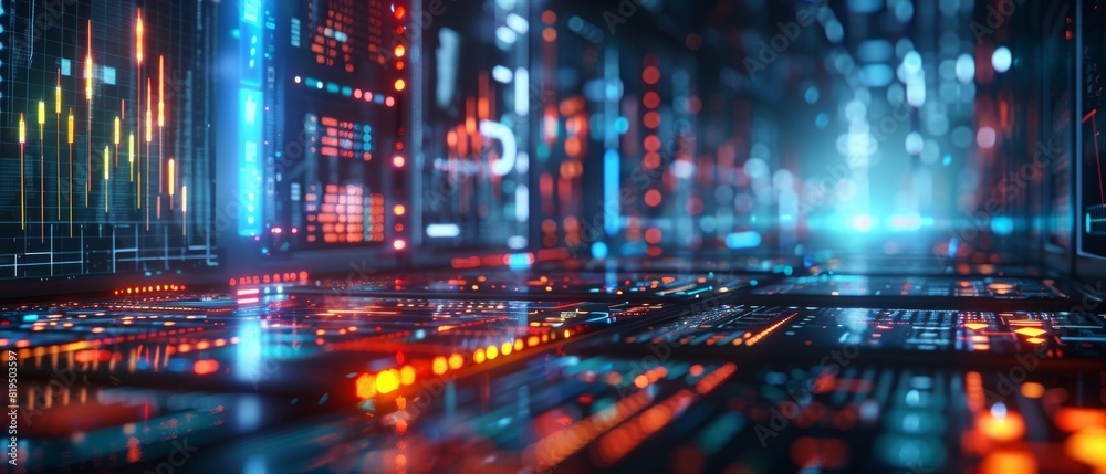Futuristic data center with glowing lights and advanced technology circuits, representing high-tech innovation and digital communication. Futuristic data center with glowing lights and advanced technology circuits, representing high-tech innovation and digital communication.