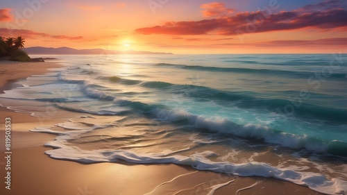  A tranquil beach at sunset with waves gently lapping the shore and the sky ablaze with colors  captured in HD --