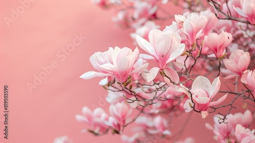 A pastel pink wall serves as a backdrop to a stunning magnolia display.