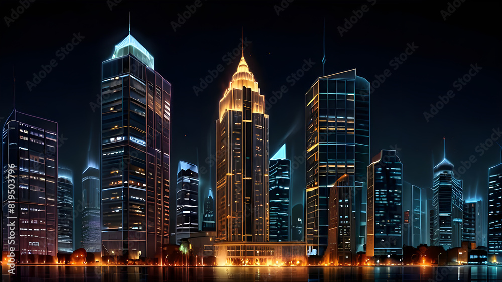 Obraz premium Glossy and artistic neon light effect urban landscapes of modern towering cities and Skyscrapers or Artistic textures and futuristic townscapes ai generative