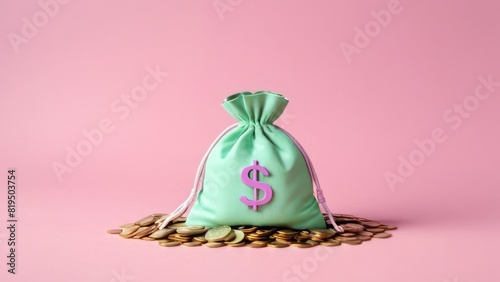 Money concept. money bag, coins stack and banknotes. 3d isometric design photo