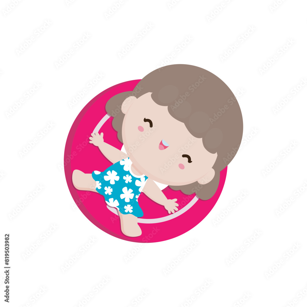 Cute kid in Swimsuit Floating on Rubber Ring on inflatable in top view, Swimming Pool party, cartoon character flat style vector illustration on white background