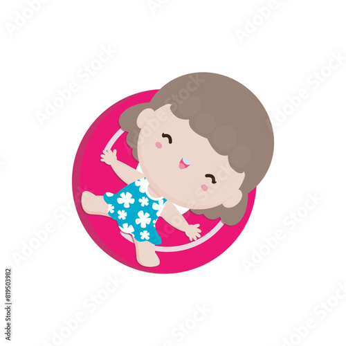 Cute kid in Swimsuit Floating on Rubber Ring on inflatable in top view, Swimming Pool party, cartoon character flat style vector illustration on white background