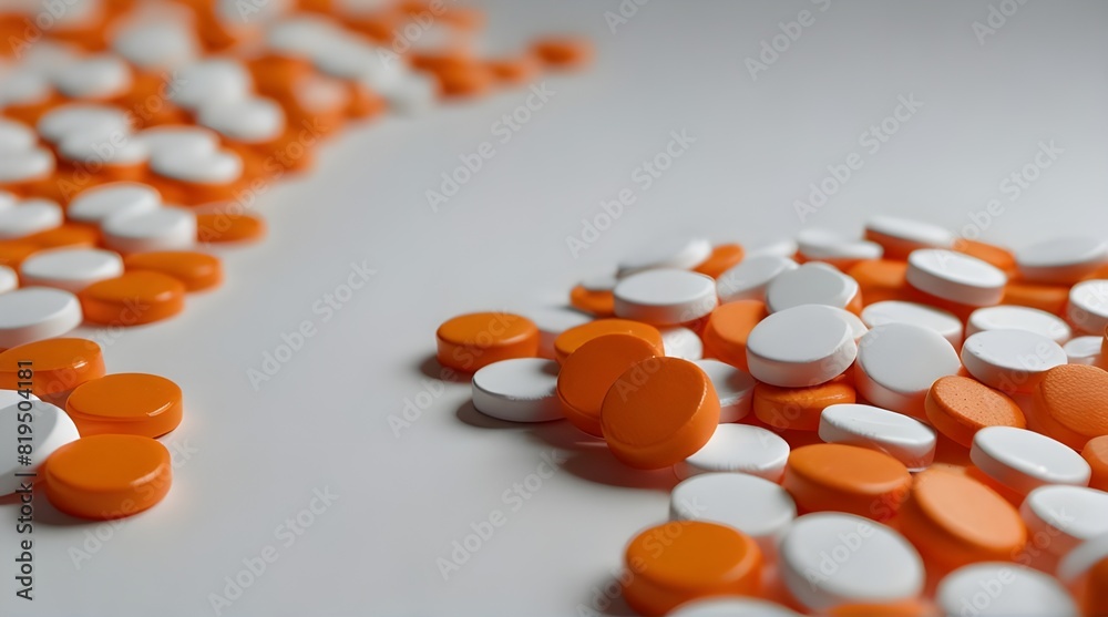Orange and white capsule pills scattered on an orange background. Top view.generative.ai Orange and white capsule pills scattered on an orange background. Top view.generative.ai