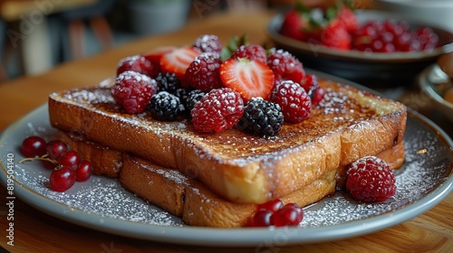 A French toast covered in powdered sugar and fresh berries..stock photo