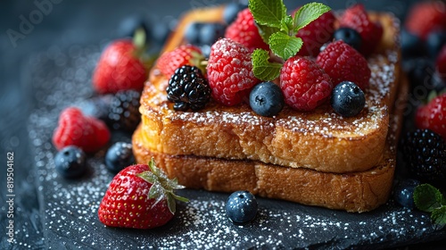 A French toast covered in powdered sugar and fresh berries..illustration graphic