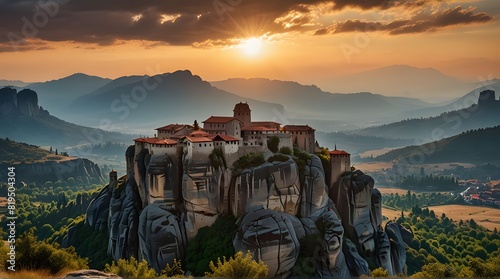 Panoramic scenic view of the famous Meteora flying monasteries in Greece at sunrise. A journey to the wonders of the world. Visit tourist attractions and landmarks.generative.ai  photo