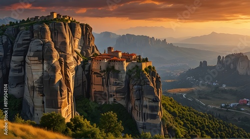 Panoramic scenic view of the famous Meteora flying monasteries in Greece at sunrise. A journey to the wonders of the world. Visit tourist attractions and landmarks.generative.ai  photo