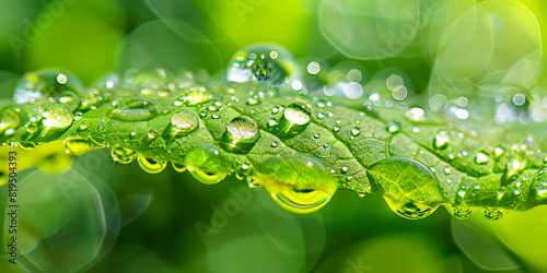 close up of water droplets on the edge of an vibrant green leaf, generative AI