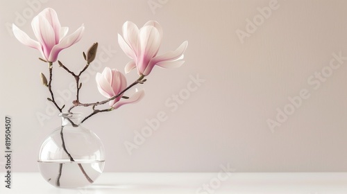 A transparent vase holds a graceful magnolia against a serene backdrop.