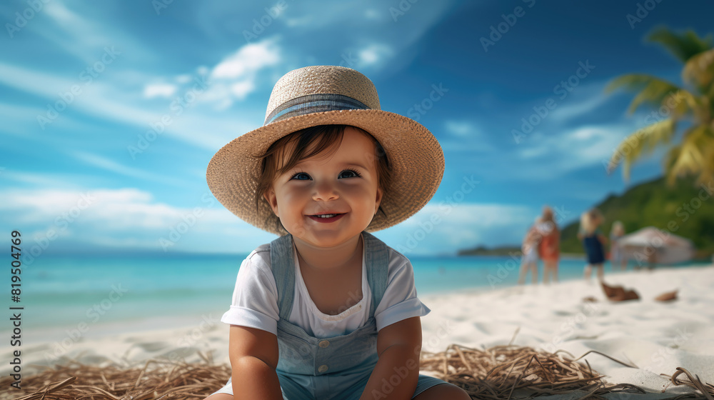 generated illustration smiling toddler with straw hat, enjoying a sunny beach day