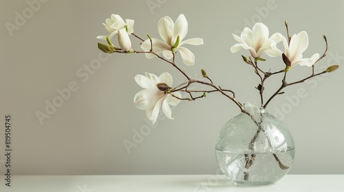 A transparent vase reveals the natural beauty of a blossoming magnolia.