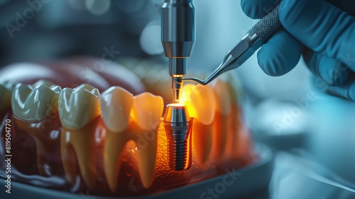 Dental implant procedure with modern equipment. Close-up of a prosthetic tooth being installed by a gloved hand in a dental clinic. photo