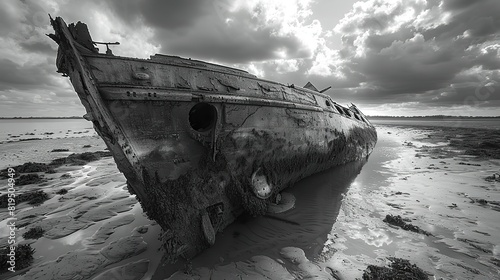 The remains of a ship, with its bow pointing towards the sky..illustration photo