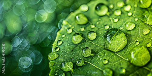 close up of water droplets on the edge of an vibrant green leaf, generative AI