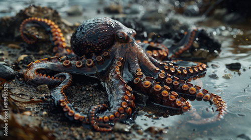 An environmental disaster. A large octopus, covered with oil, lies on the polluted coast. The concept of pollution of natural water © chekart