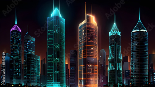 Glossy and artistic neon light effect urban landscapes of modern towering cities and Skyscrapers or Artistic textures and futuristic townscapes ai generative #819505560