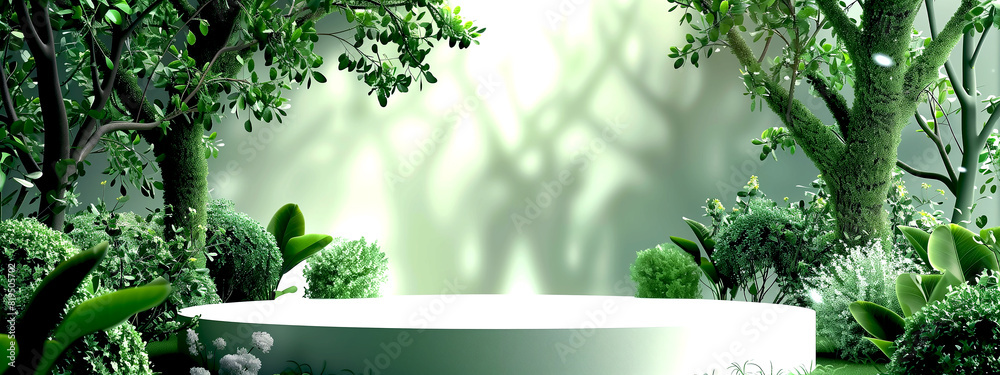 Obraz premium Digital Forest Background for Product Exhibition Forest Cosmetics Scene Sale with Summer Podium Stand Beautiful Trees and Nature Theme Ideal for Shop Advertising Travel Mockup and Green Banner Templat