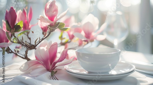 The purity of a white table contrasts with the vibrant magnolia bloom.