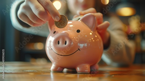 Close-up of a person placing a Bitcoin coin into a smiling piggy bank, symbolizing modern savings and cryptocurrency investment.