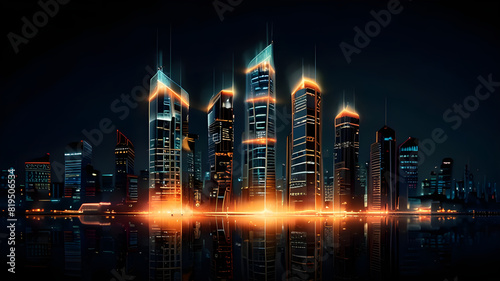 Glossy and artistic neon light effect urban landscapes of modern towering cities and Skyscrapers or Artistic textures and futuristic townscapes ai generative photo