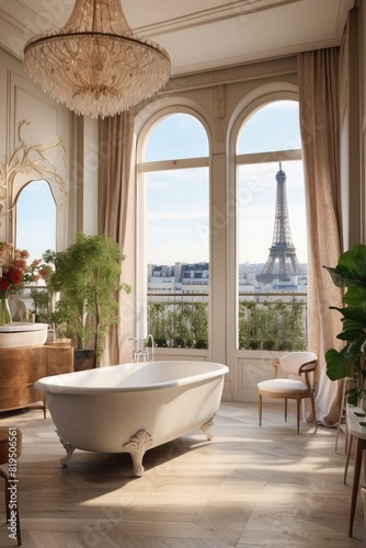 Parisian Luxury Bathroom with Eiffel Tower View