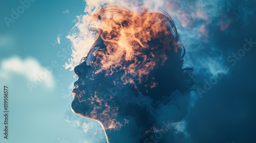 A striking double exposure of a woman's silhouette overlaid with flames and smoke, creating a dramatic and artistic effect. photo