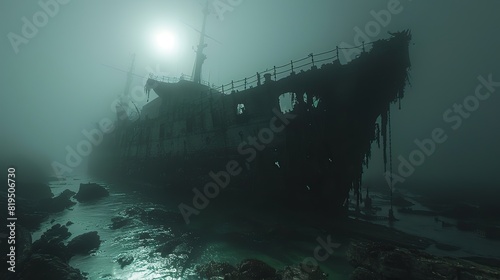 A ghostly shipwreck, illuminated by the moonlight, on a foggy night..stock image
