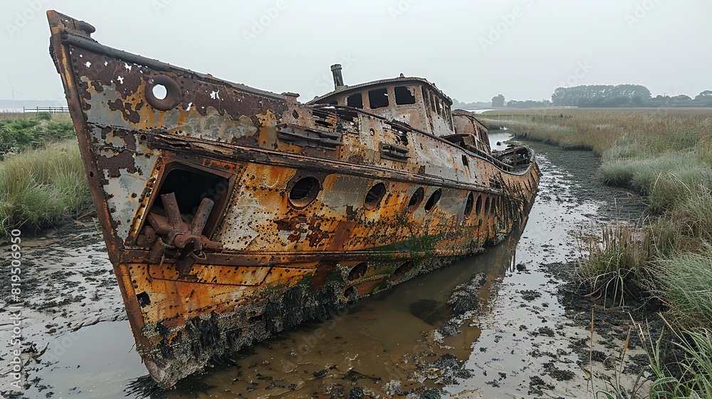 The remains of a ship, partly submerged in a marshy area..stock image