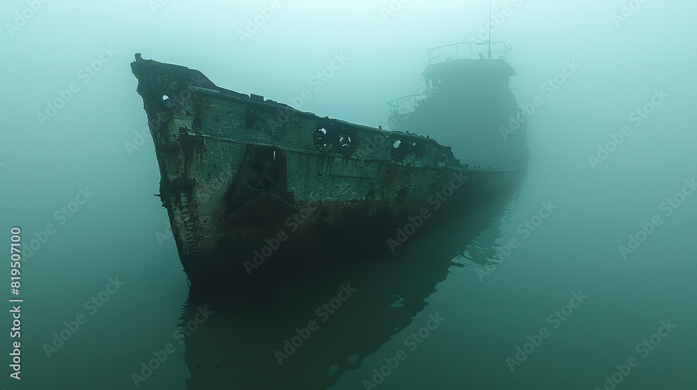The eerie silhouette of a shipwreck, visible through the mist on a foggy morning..illustration The eerie silhouette of a shipwreck, visible through the mist on a foggy morning..illustration