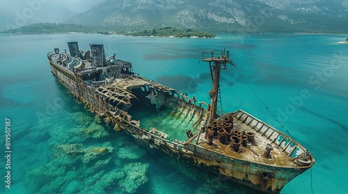 The skeletal remains of a ship, creating an artificial reef for marine life..illustration graphic photo