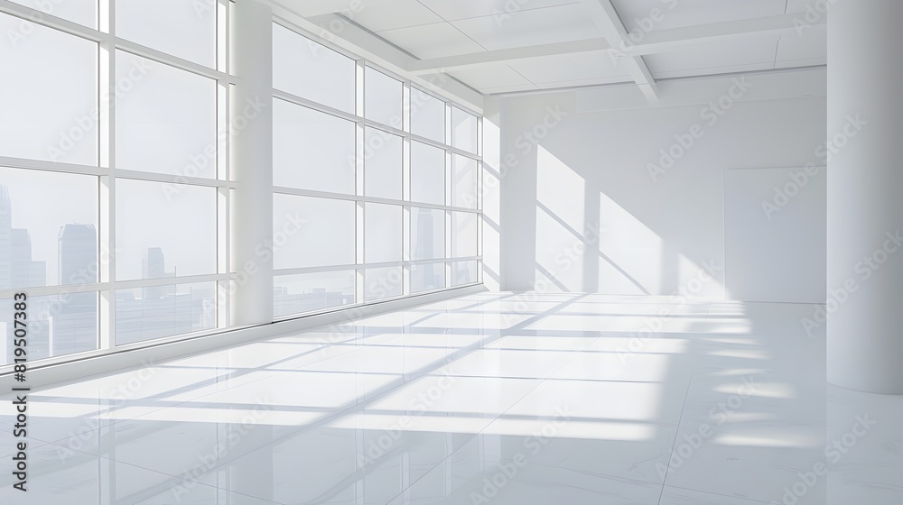 Fototapeta premium Front view of an office interior with a row of dark wood tables standing under large windows