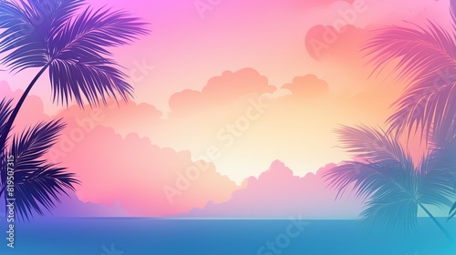 Beautiful tropical sunset with palm trees, Idyllic tropical sunset setting with silhouetted palm trees, and a serene water view.