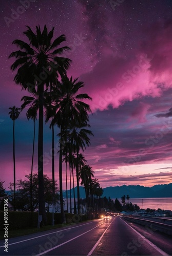 Starry Night Drive: Palm Trees and Mountain Silhouettes Under Cosmic Skies