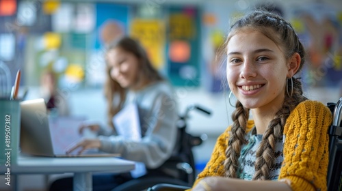 Inclusive Learning: Teenage Girl in Wheelchair Engaged in Science Discussion with Friend in Modern Study Room
