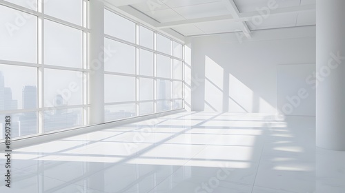 Front view of an office interior with a row of dark wood tables standing under large windows