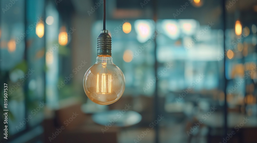 Light bulb hanging on blurred background of modern office. Creative idea concept of inspiration, innovation and imagination. generative AI Light bulb hanging on blurred background of modern office. Creative idea concept of inspiration, innovation and imagination. generative AI