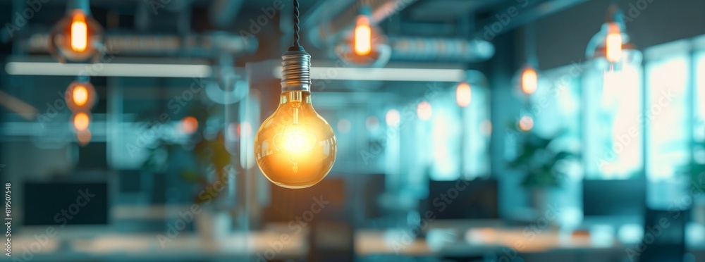 Light bulb hanging on blurred background of modern office. Creative idea concept of inspiration, innovation and imagination. generative AI Light bulb hanging on blurred background of modern office. Creative idea concept of inspiration, innovation and imagination. generative AI