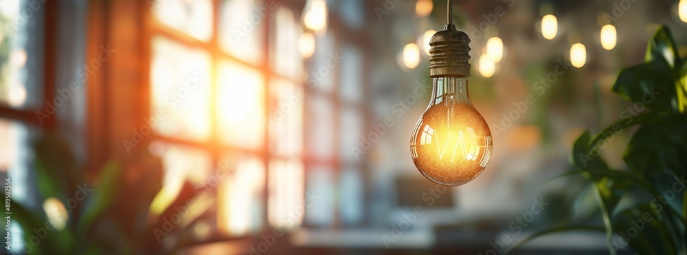 Light bulb hanging on blurred background of modern office. Creative idea concept of inspiration, innovation and imagination. generative AI Light bulb hanging on blurred background of modern office. Creative idea concept of inspiration, innovation and imagination. generative AI
