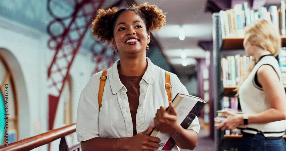 Happy, black woman and student with books from library in campus for reading, studying and knowledge on exam. Smile, female person and goal for education or learning with research on project growth