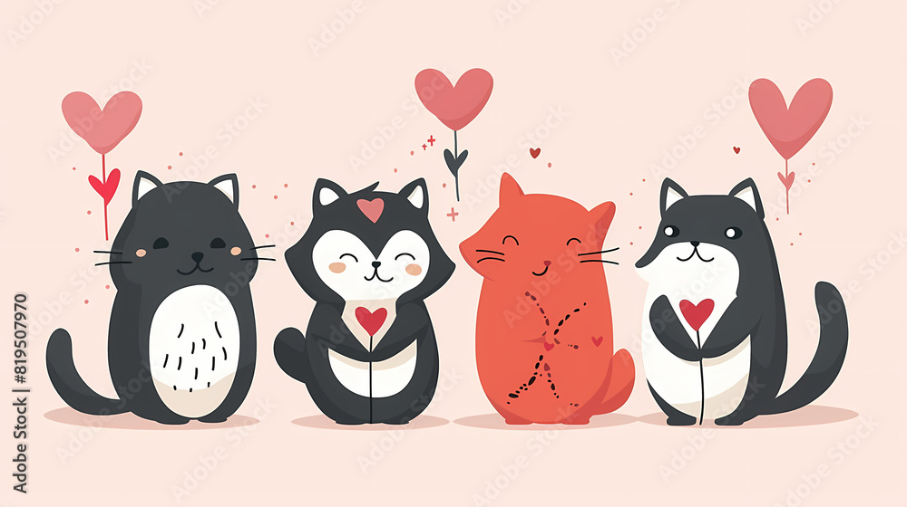 Naklejka premium Funny Animal in Love Feel Passion at Valentine Day ,A set of cute cartoon animals. Vector flat images of animals for postcards, invitations, textiles, thermal printing
